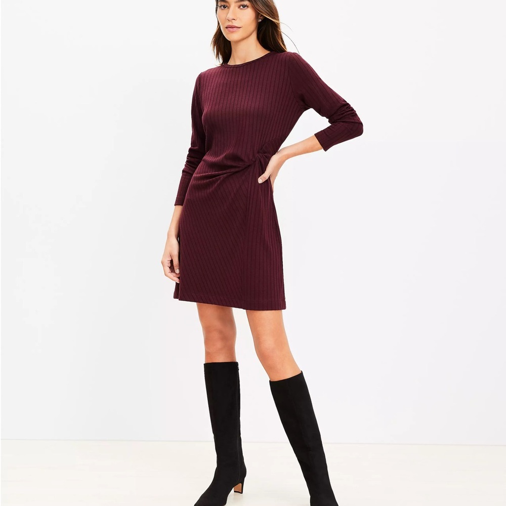Loft Ribbed Twist Waist Mini Dress in Wine Burgundy